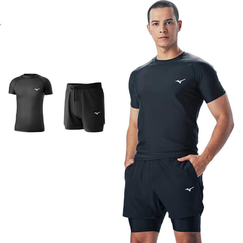 Мужской купальный костюм MIZUNO, комплект из шорт и футболки с коротким рукавом, быстросохнущий, большой размер, черный, L