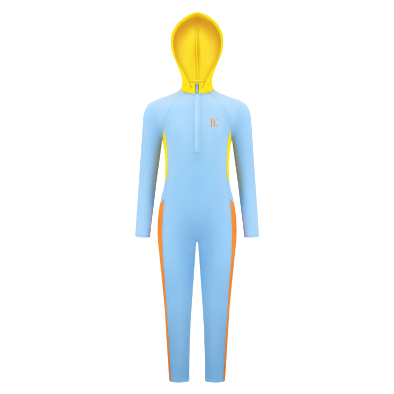 BALNEAIRE One-Piece Swimsuit for Children, Long-Sleeved Sun Protection Casual Surfing Quick-Dry Lycra Chlorine-Resistant with Hood 260286 Blue And Yellow Color Block
