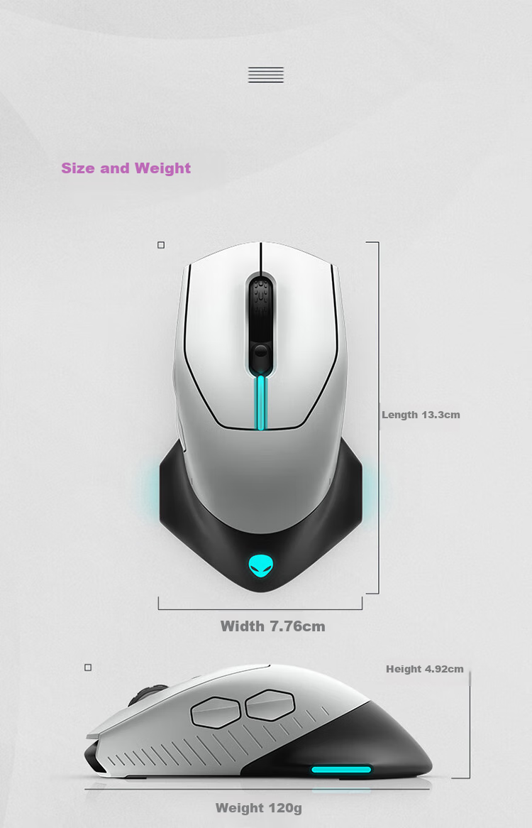Alienware AW620M Gaming Mouse, Right-Handed Ergonomic Dual-Mode 2.4G Wireless Office And E-Sports Macro Mouse, RGB Lighting Effects, Magnetic Rebound, Valentine's Day Gift, White 6