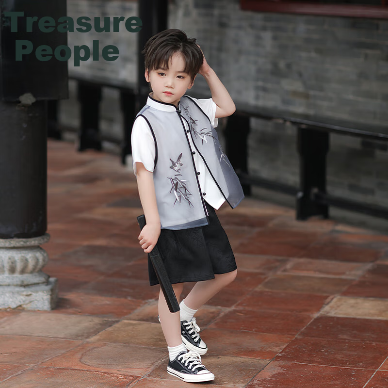 Qibo Boys' Hanfu, New Summer Style, New Chinese Style, Children's Performance Costume, Bamboo Shadow Short Sleeve (Top Only), Size 150