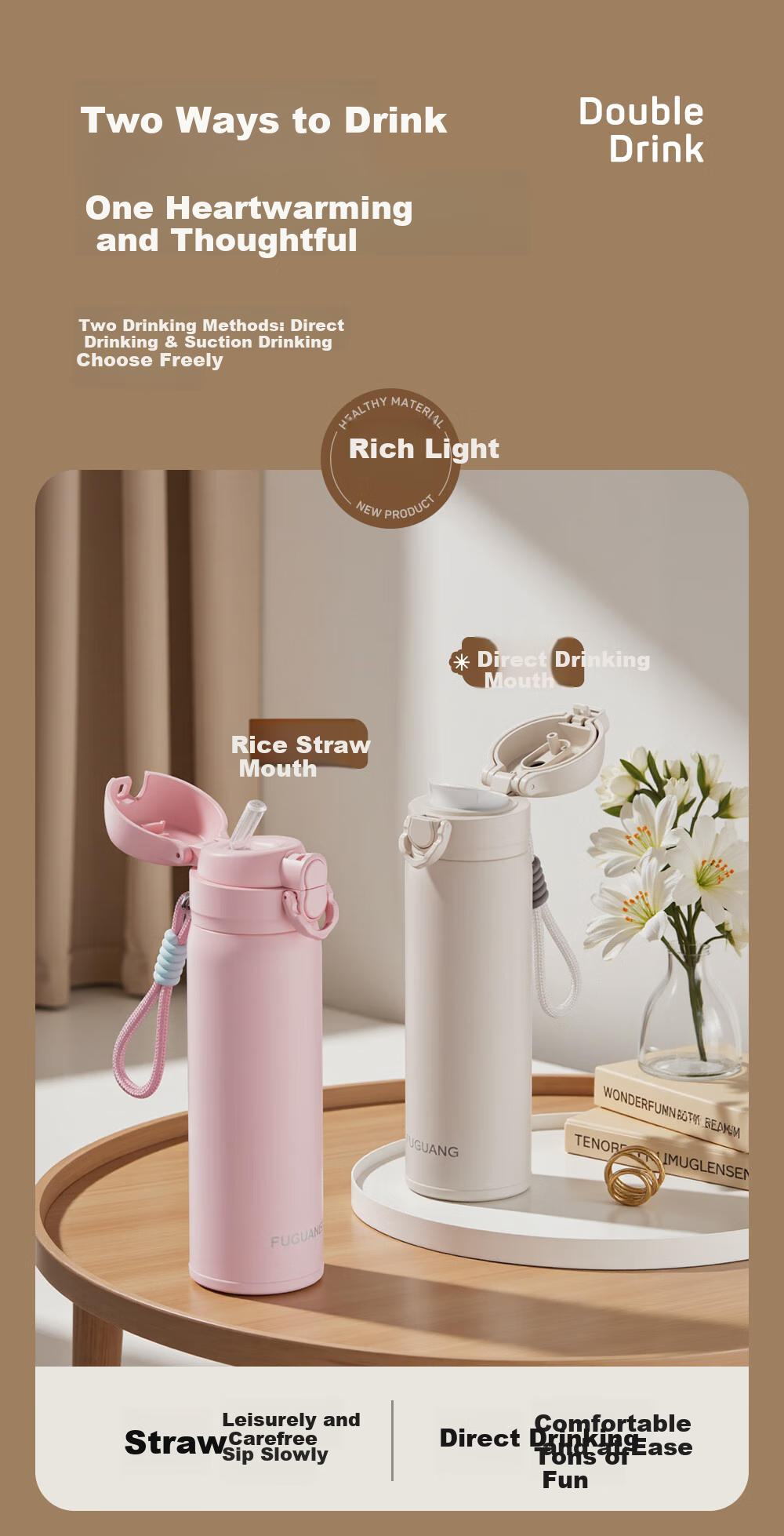 Fuguang Student Insulated Cup with Pop-Up Lid, 316L Stainless Steel Straw Cup for Women, Long-Lasting Heat And Cold Retention Children's Water Bottle 3