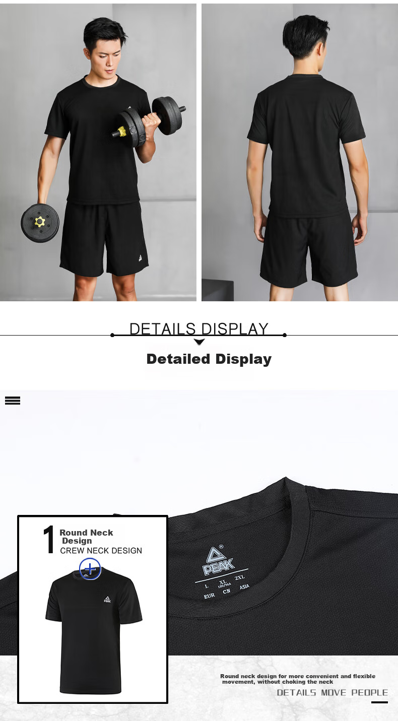PEAK Badminton Outfit Men's Sports Set Quick-Dry Sweat-Wicking Breathable Elastic Fitness Training Two-Piece Set Black YS81306 (Short Sleeve + Shorts) Black 3XL 5