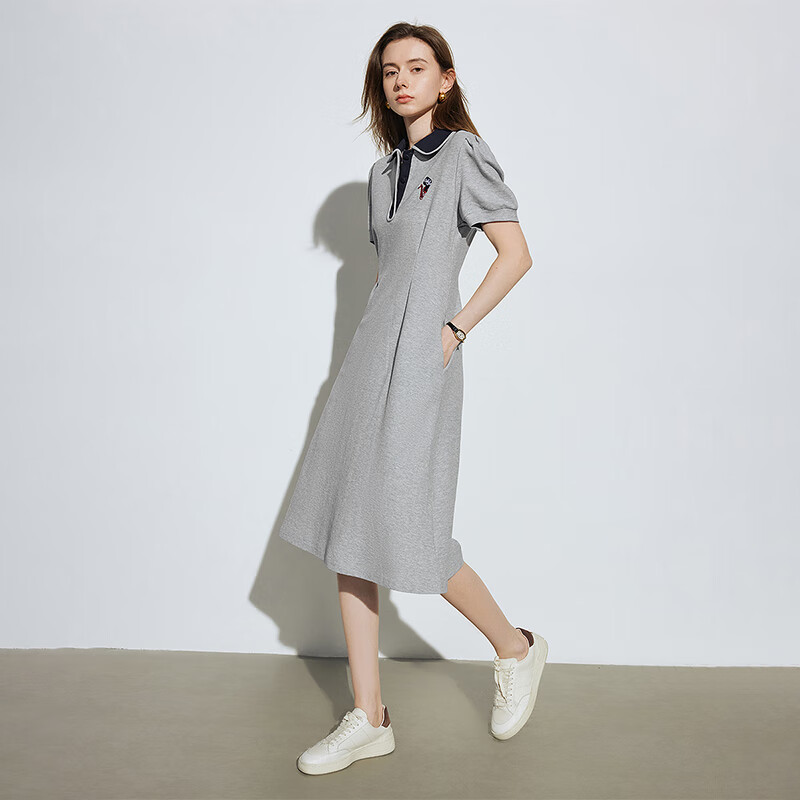 Chuyu Polo Collar Dress with Waist-Cinching Slimming Effect for Women, New Summer 2025 A-Line Short-Sleeve T-Shirt Midi Skirt, Gray, Size S