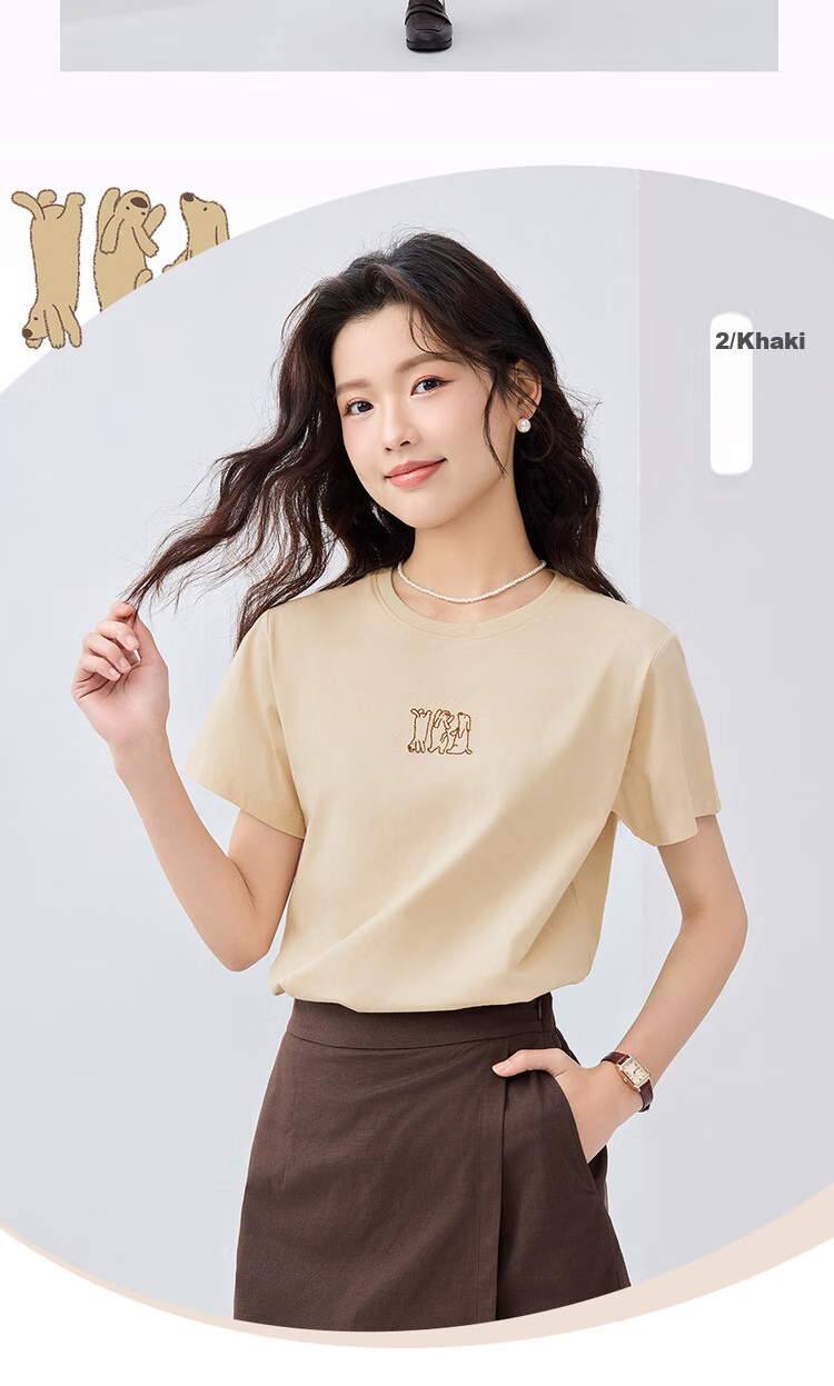 Giordano Women's Short-Sleeve T-Shirt, Summer Pure Cotton, Cute Animal Embroidery, Round Neck Top, Women's 05395381 11