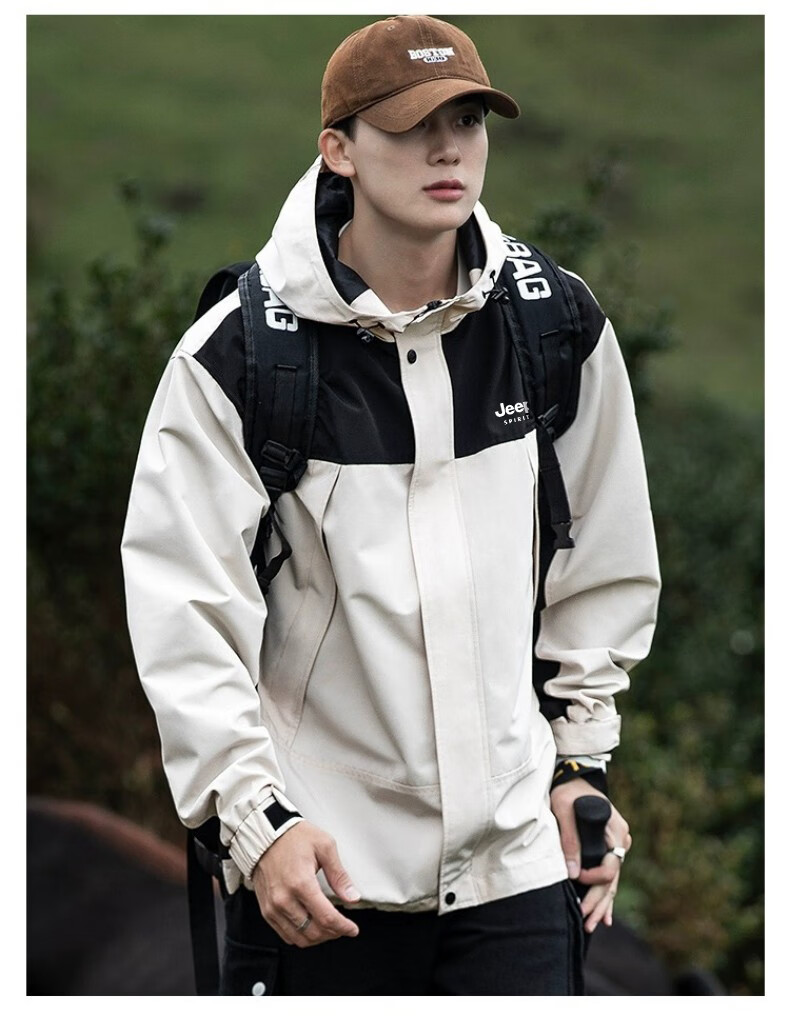 JEEP SPIRIT Men's Windbreaker Jacket for Spring And Autumn, Color-Block Trendy Outdoor Hiking Coat, Black, Size S 6
