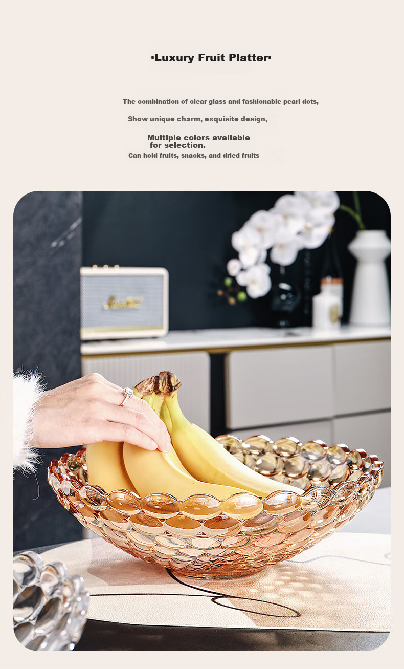 CRISTALGLASS Glass Fruit Plate, Home Living Room Coffee Table, European Light Luxury Style, Internet-Popular High-End Snack Display Tray, Large Capacity 3