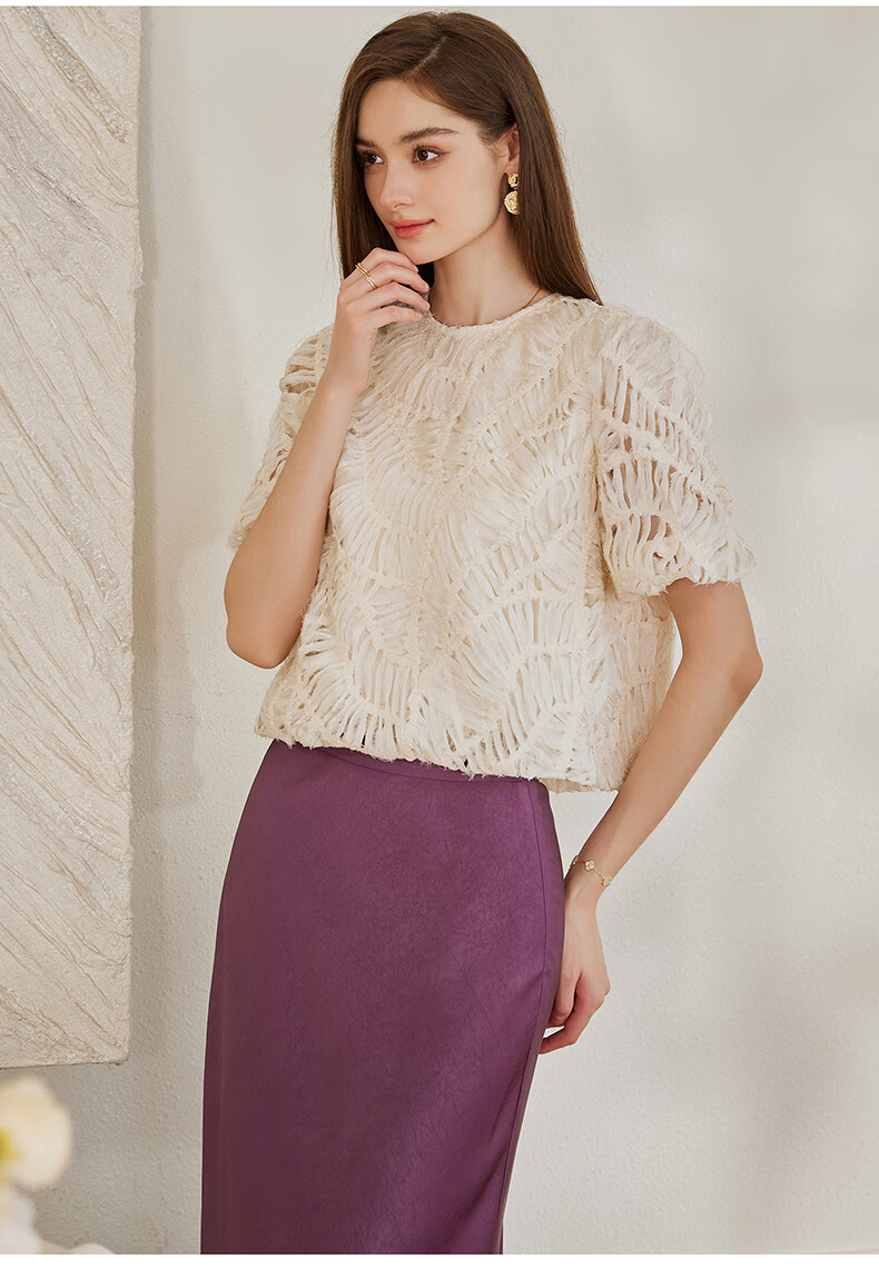 ROEYSHOUSE French Style Ribbon Round Neck Shirt Women Summer Elegant Commuter Loose Short T-Shirt 10441 Beige XL 16