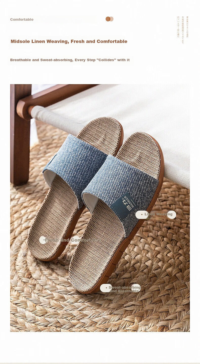 Huili Linen Slippers for Men, Indoor Breathable Non-Slip Odor-Free Couple's Floor Slippers, Blue Size 44-45 4