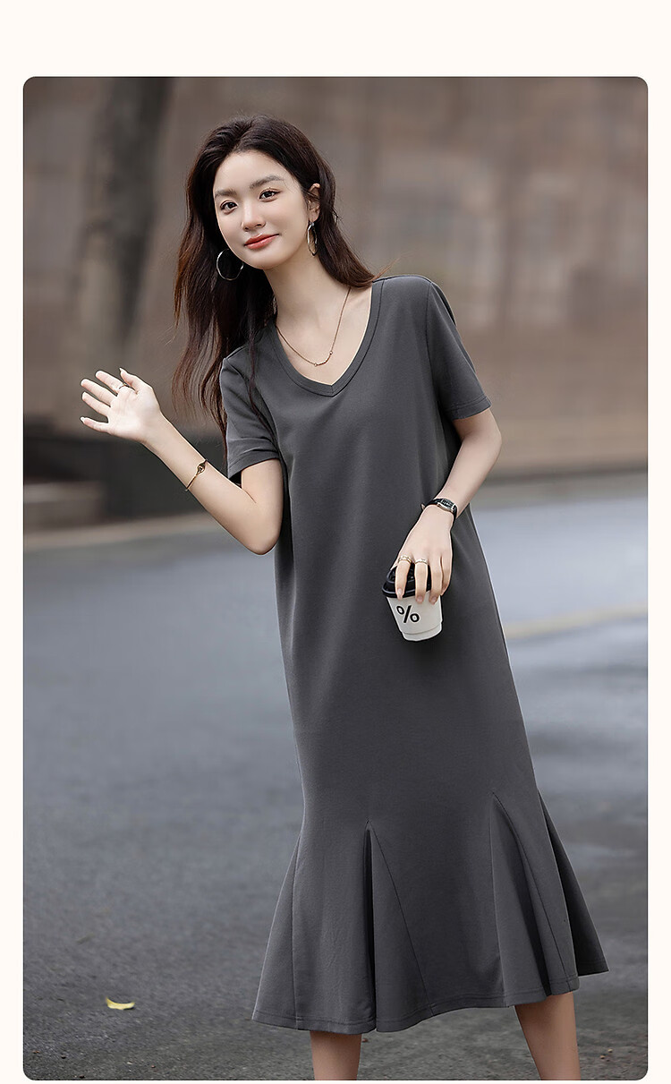Demana Gentle Cloud Cotton Summer Relaxed V-Neck Loose Patchwork Hem Knitted Mid-Length Straight Women's Dress 3