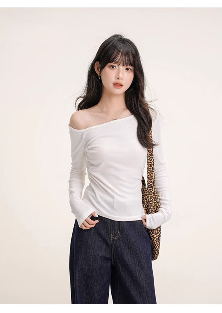 Woodpecker Women's Slant Shoulder Long Sleeve T-Shirt Autumn New Trendy Casual Slim Fit Base Shirt White L 7