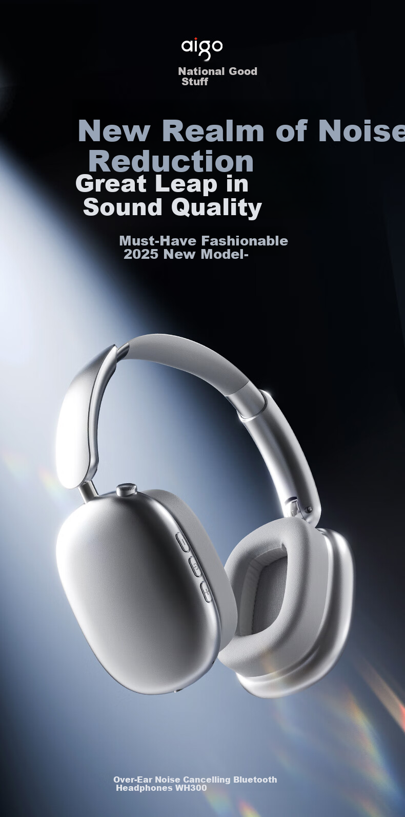 Aigo Bluetooth Headphones, Over-Ear Active Noise Cancellation, Comfortable Wear, Suitable for Music, Gaming, Sports, Compatible with Apple, Xiaomi Phones, Computers, WH300 Starry Gray 1
