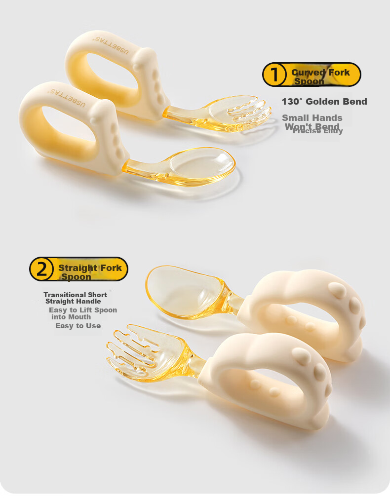 Beitaisi Baby Feeding Spoon, Infant Eating Training Fork And Spoon, Baby Food Spoon, Children's Tableware Set, Mushi Yellow 6
