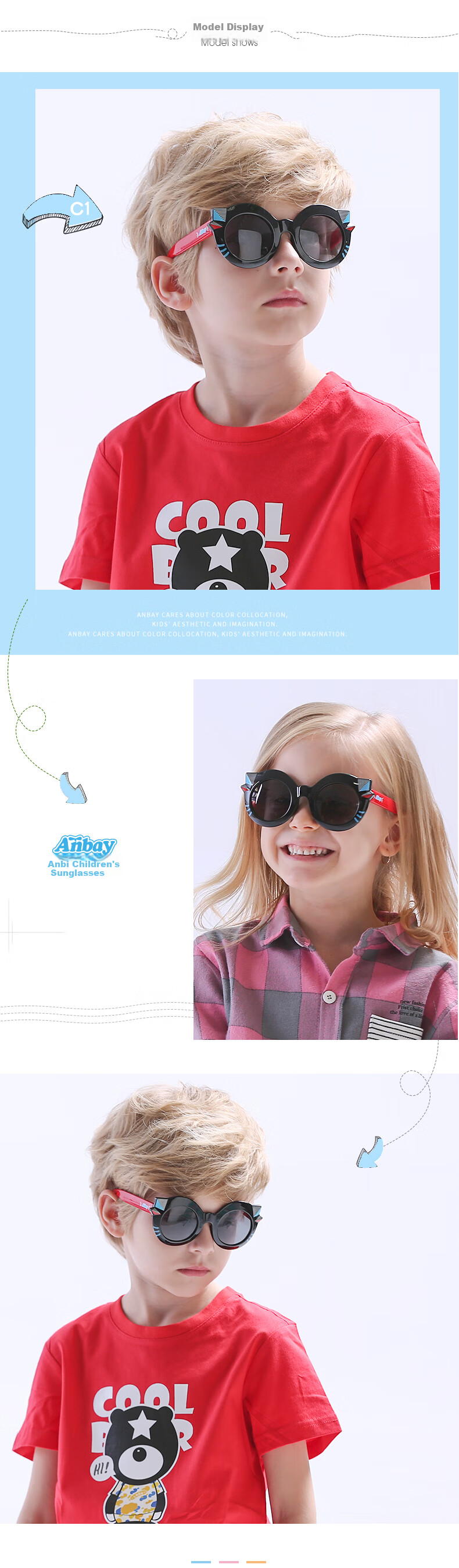 Anbay Children's Sunglasses, UV Protection, Boys' Eye Protection, Baby Sunglasses, Sun-Shading, Fashionable, Trendy, Sun Protection, Girls' Sunglasses 2