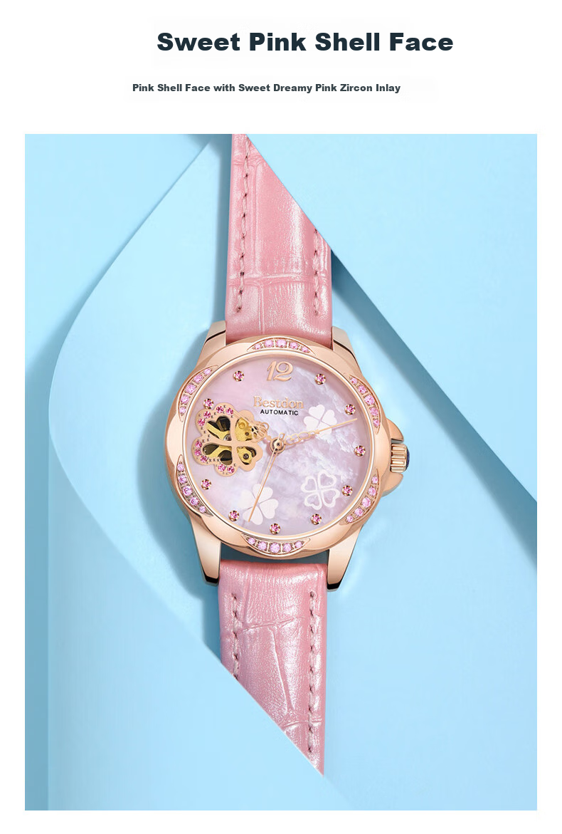 Bestdon Women's Mechanical Watch, Skeleton Four-Leaf Clover with Diamond Inlay Wristwatch Gift Box for Women, Present for Goddess 11