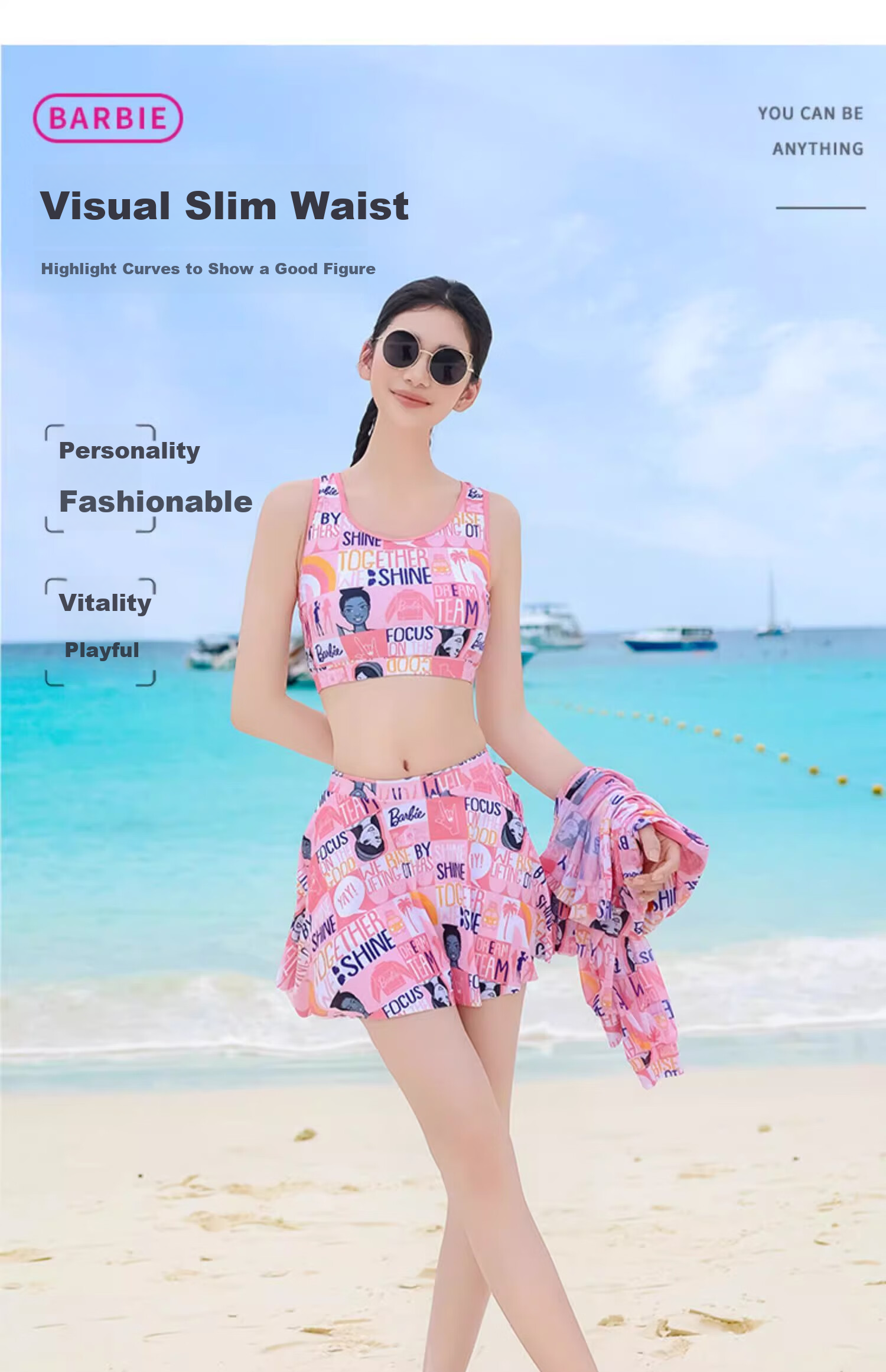 Barbie Women's Two-Piece Swimsuit, Plus Size, Slimming, Conservative, for Beach Vacation And Hot Springs, Casual Three-Piece Swimwear Set 2