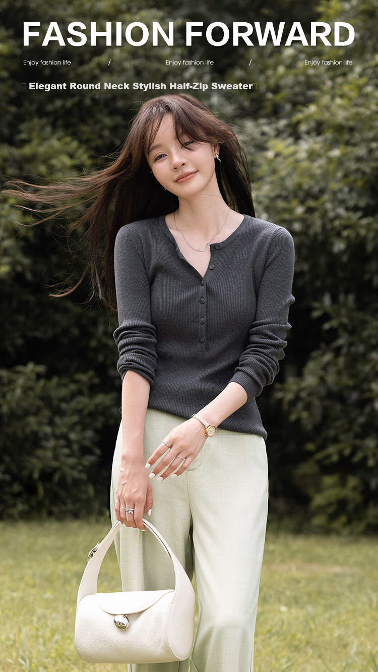 Mt [Hanfan Geleixi] Autumn Style, Elegant Round Neck Fashionable Versatile Half-Zip Long-Sleeve Sweater, Klein Blue 1