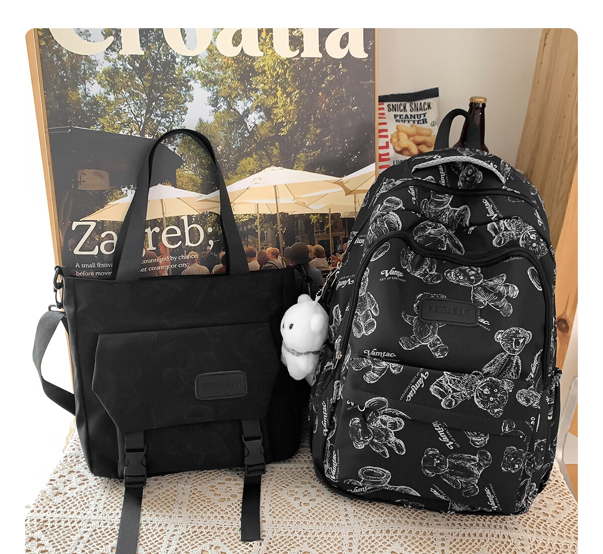 JINSHI WQ Backpack for Female Middle And High School Students, Large Capacity Double Shoulder Bag, New Travel Style, Aesthetically Pleasing Two-Piece Set, Student Backpack 14