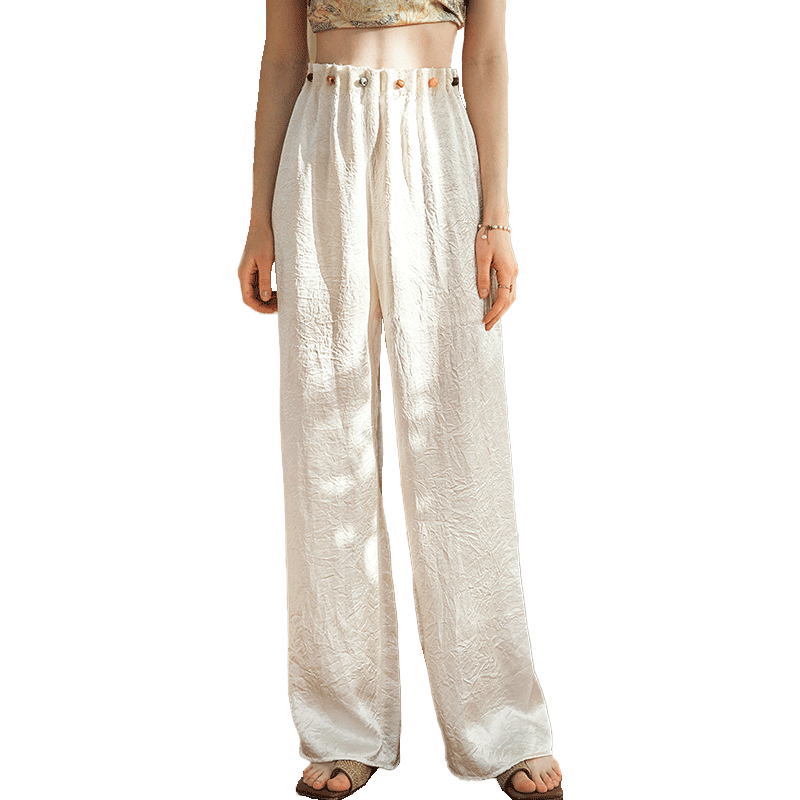 Olrain Eurier Beaded Lazy Vacation Straight-Leg Pants Women's Summer Loose Slim High-Waist Trousers Black L