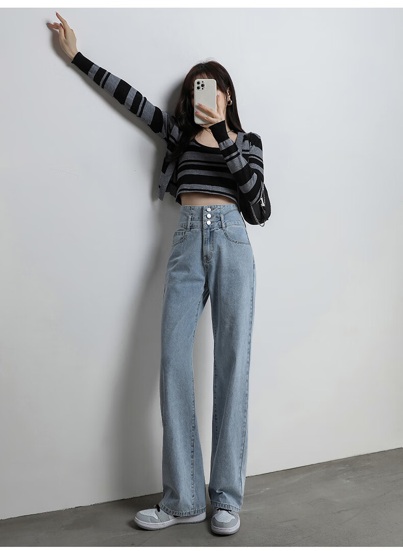 Romon [Cotton Stretch] Women's Summer High-Waist Slim Fit Simple Casual Loose Wide-Leg Jeans Dark Blue S 8