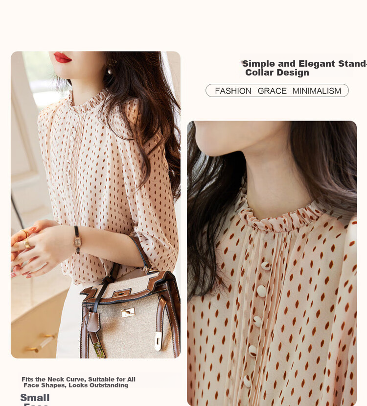 Dme [Polka Dot Puff Sleeve Blouse], Spring And Autumn Stand-Collar Fitted Long-Sleeve Commuter Shirt, Women's Top 5