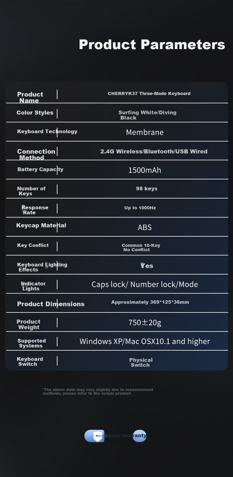 CHERRY K37 Thin Film Keyboard, 98 Keys, Wireless Gaming Keyboard, Office Computer Keyboard with Bluetooth Tri-Mode, RGB Lighting Effects, Compatible with WIN/MAC, Submarine Black 11