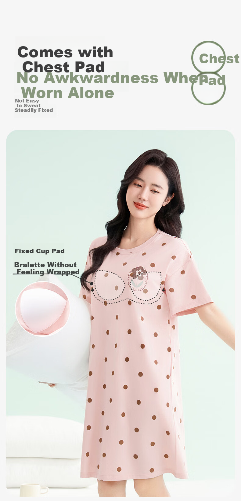 FENTENGCARE Women's Nightgown with Built-In Bra Pads, Round Neck Short Sleeve Short Skirt Polka Dot Breathable Dress Loungewear Gift for Girls 4