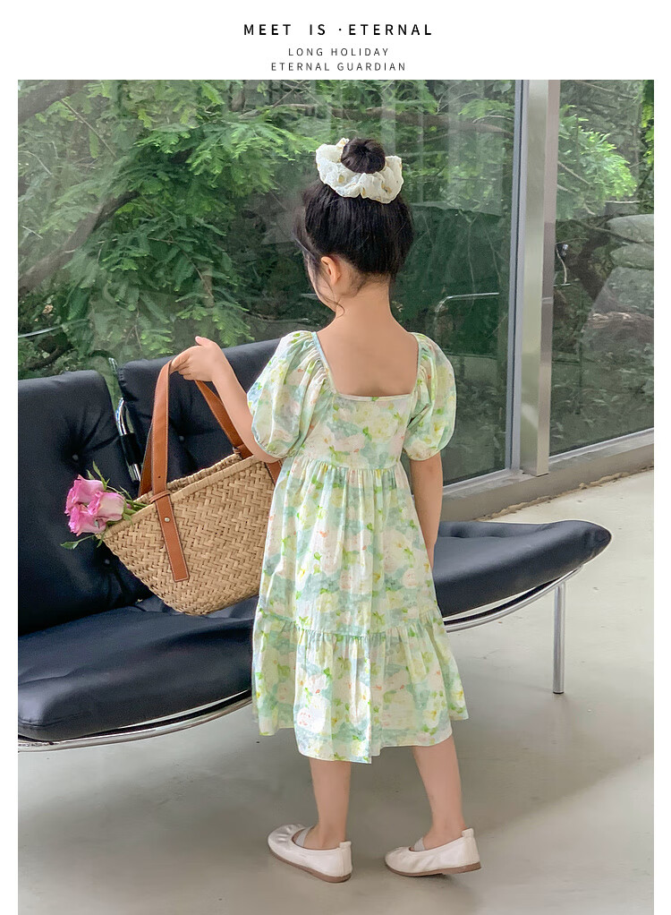 Tutuxiaoxiang Girls' Dress, 100% Cotton, Children's Puff Sleeve Floral Princess Dress, Green, Size 110, Height Approximately 110cm 20
