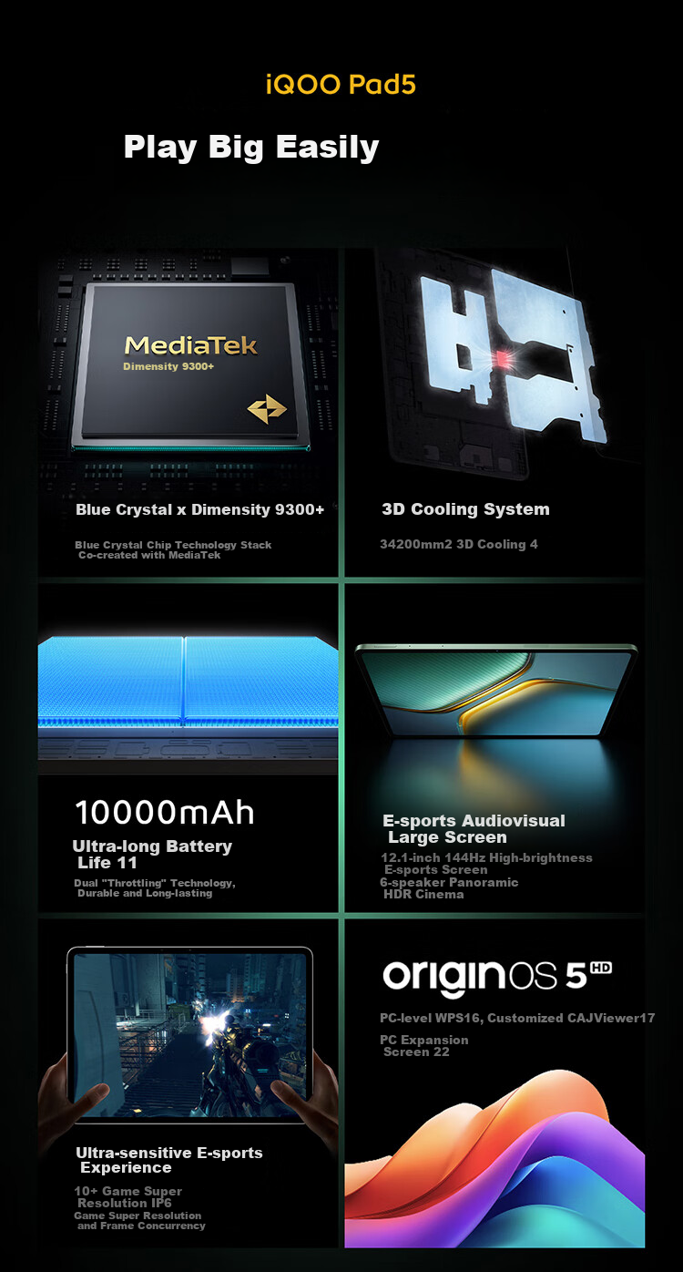 IQOO Pad5, 8GB+128GB, Yin Yi, Subsidy 15%, 12.1-Inch Gaming Large Screen, Blue Crystal × Dimensity 9300+, Tablet Computer, Vivo 2