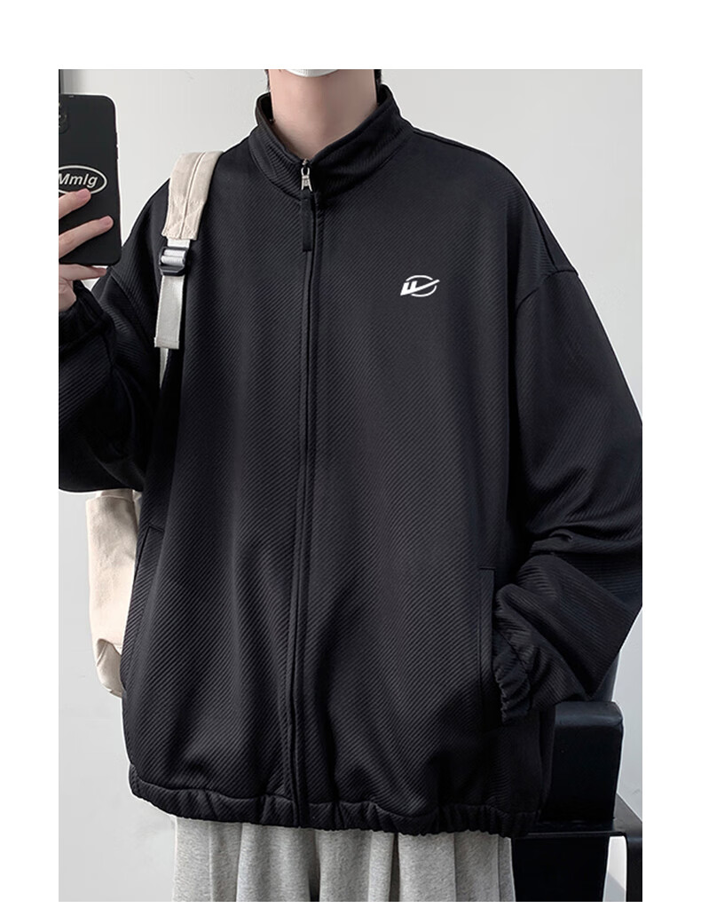 Huili Men's Jacket, Autumn Casual Simple Coat, Twill Stand Collar, Windproof Loose Versatile Outerwear for Men, Black, 3XL 14