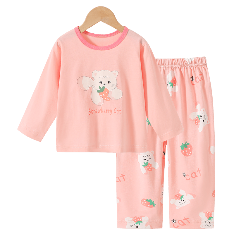 Badi Badi Infant Toddler Pure Cotton Homewear Pajama Set Boys Girls Baby Air Conditioning Clothes Strawberry Cat 80