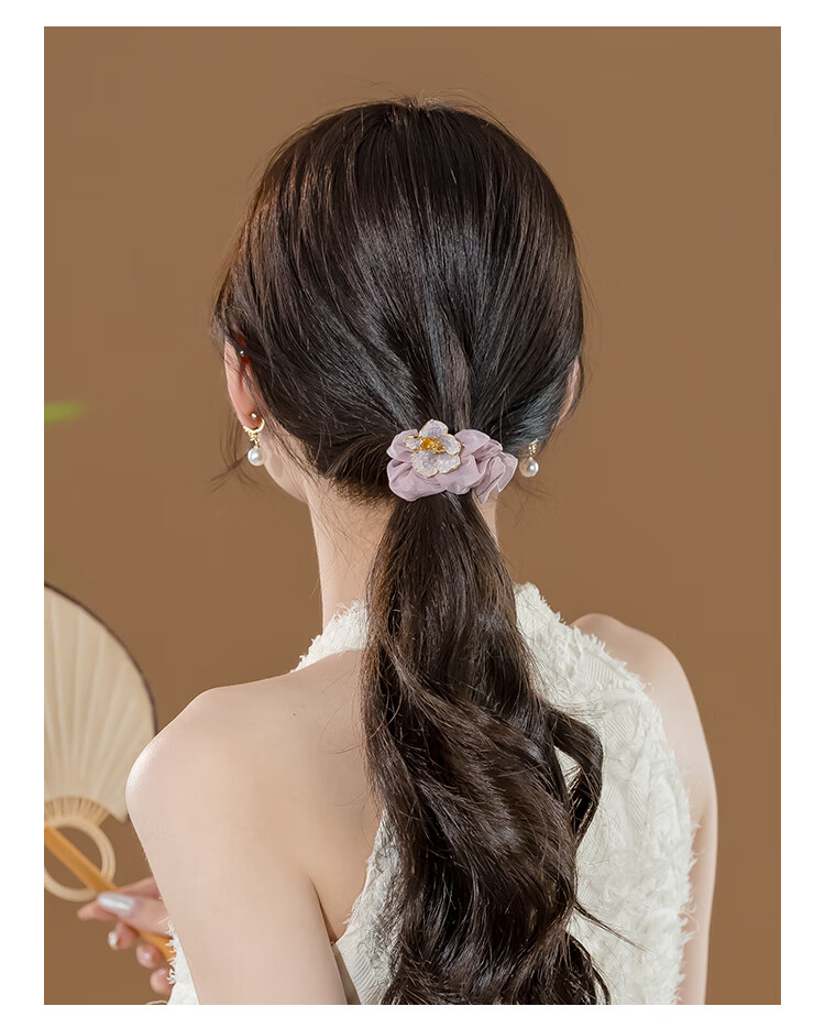 CHIMERA Purple Rhinestone Flower Hair Tie, Silk Ribbon Fairy Hair Band, Ponytail Hair Elastic, Mid-Autumn Festival Gift for Wome 2