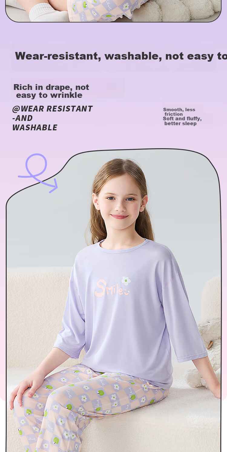 LangSha Children's Pajamas for Girls, Summer Thin Lycra Cotton Three-Quarter Sleeve Sleepwear Set for Middle And High School Students, Teenage Home Wear 7