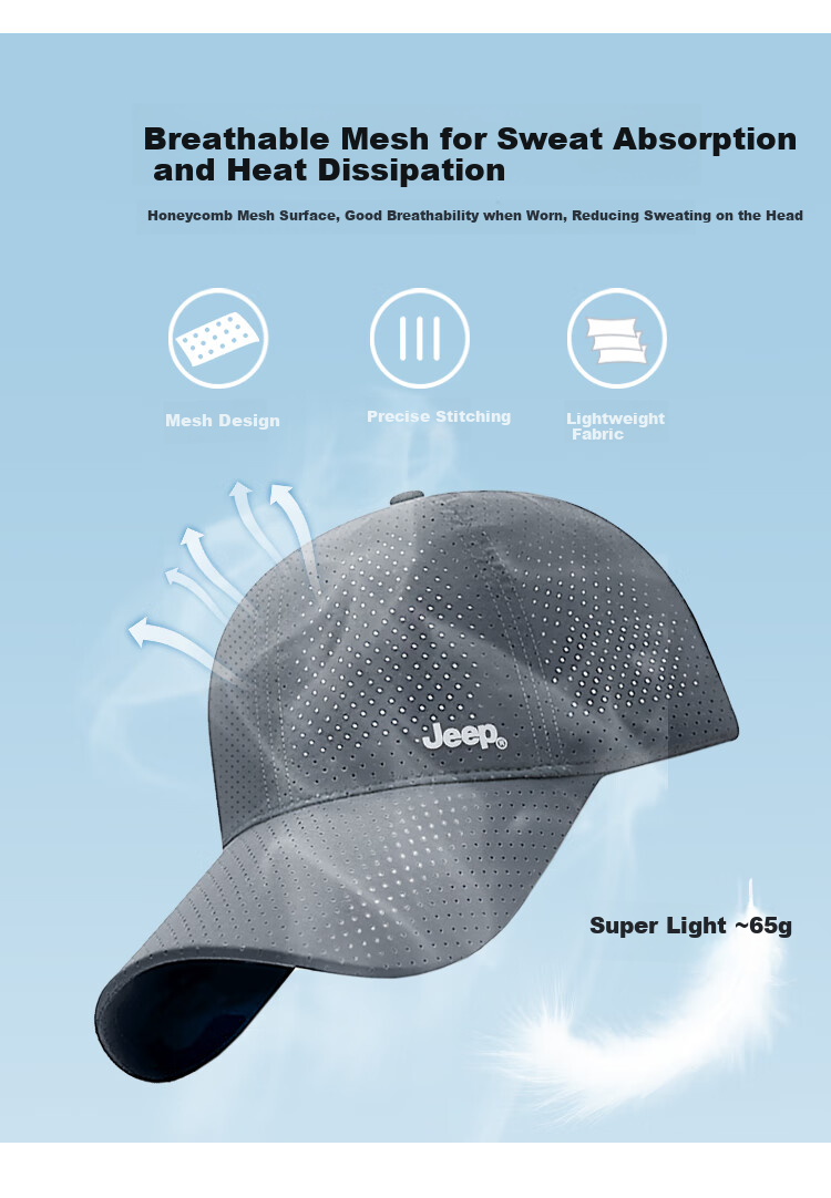 JEEP Men's Baseball Cap Summer Mesh Quick-Dry Sun Hat Unisex Visor Hiking Sun Hat Khaki 3