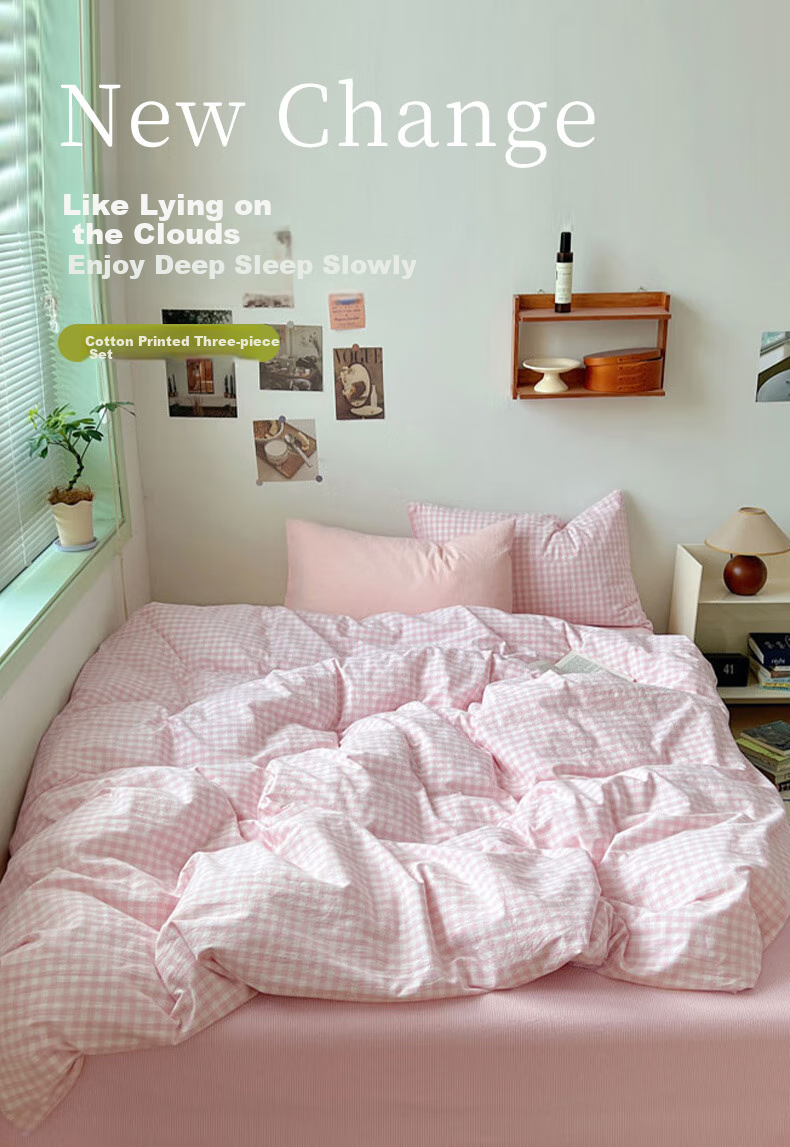 Grace Class 7A Antibacterial Pure Cotton Bedding Set for Single Dormitory, Includes Bed Sheet And Duvet Cover, for 1.2m Bed, Cherry Blossom Pink Plaid Patter 1