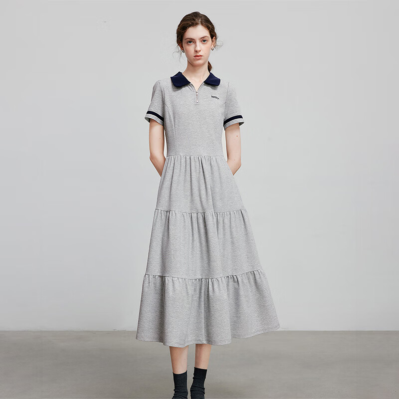 Chuyu Age-Reducing Retro 2025 Summer New Color-Block Polo Collar Dress for Women with Spliced T-Shirt Skirt, Floral Gray, S