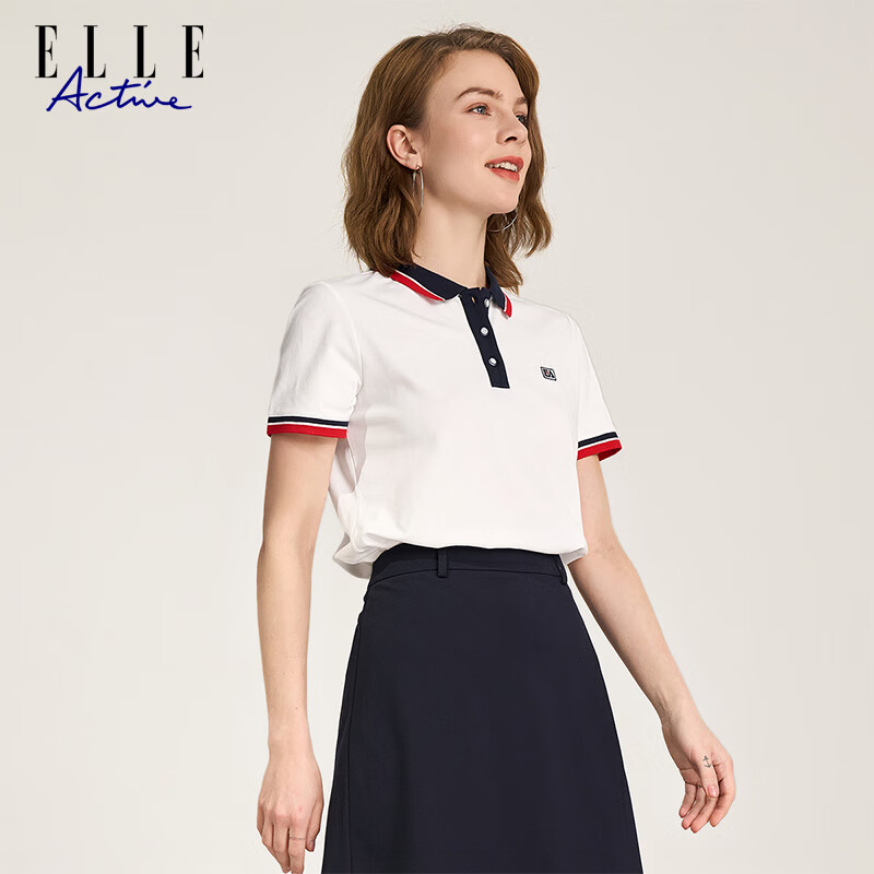 ELLE ACTIVE Casual Sports Short-Sleeve Polo Shirt for Women, Summer Commute Versatile Color-Block T-Shirt, Slim-Fit Collared Top, White, M
