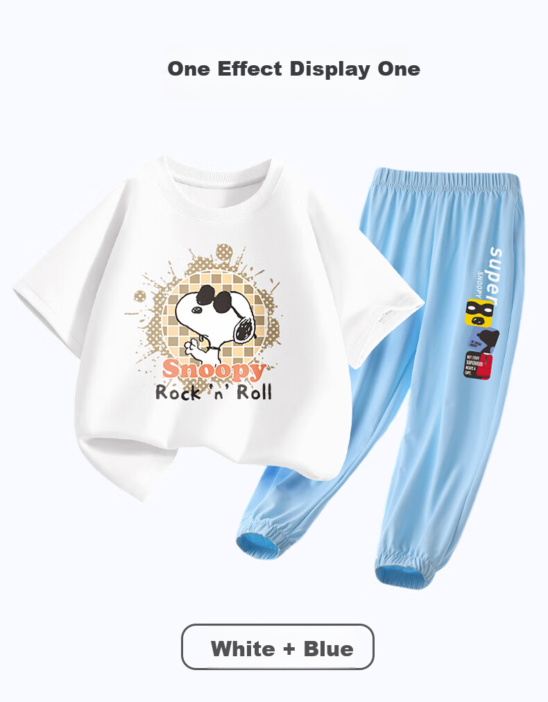 SNOOPY Children's Clothing Short-Sleeve Set for Boys And Girls, Pure Cotton T-Shirt with Mosquito-Repellent Pants, Indigo Lettering with Gray Crown, Size 160 3