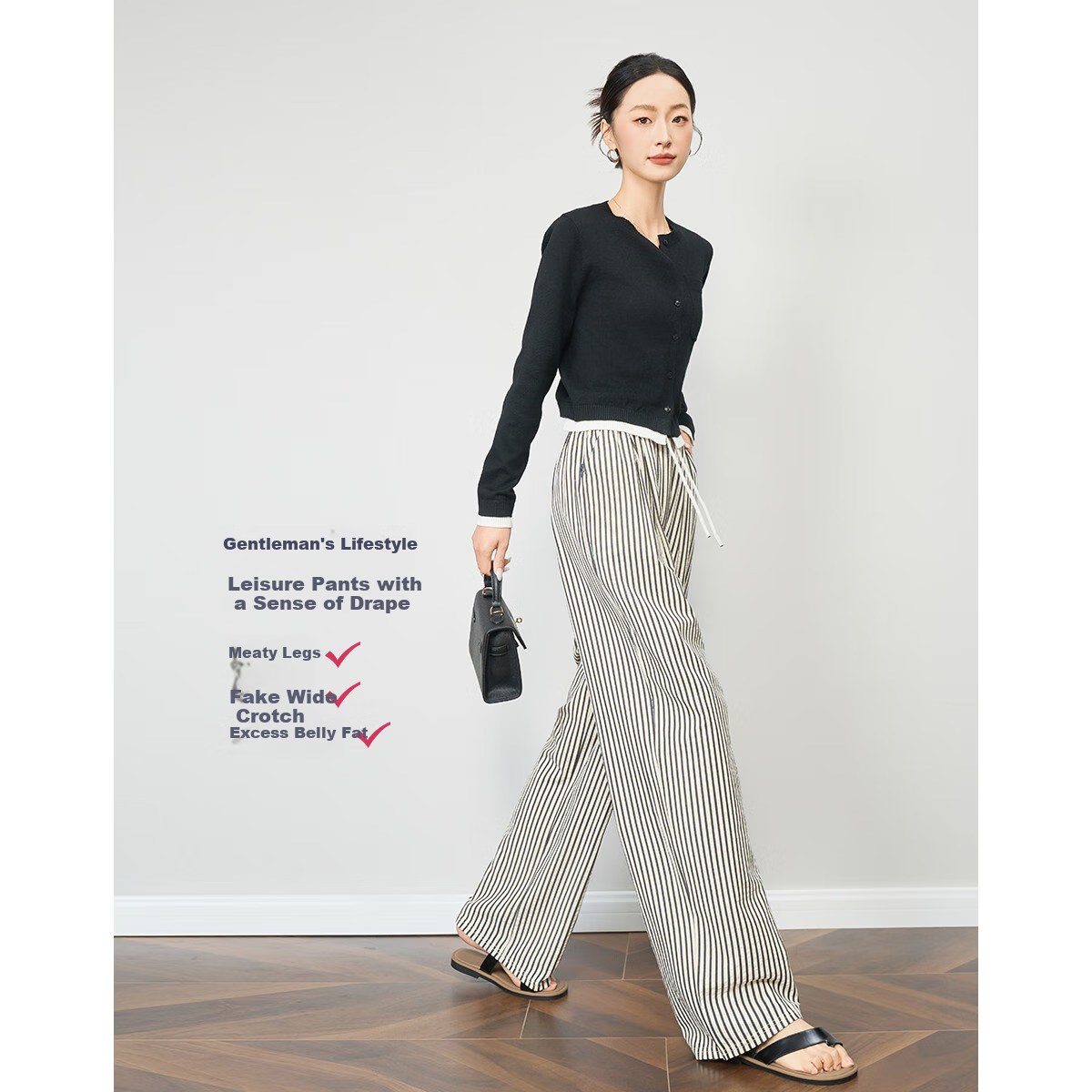 Demana Cloud Cotton Vintage Korean Style Striped Wide-Leg Drawstring Elastic Waist Slimming Women's Casual Pants for Spring and Autumn