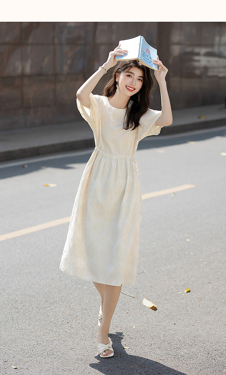Demana Heavy Embroidered 3D Cutwork Summer French Style Lightweight Loose Mid-Length Women's Dress with Drawstring and Half Sleeves 15