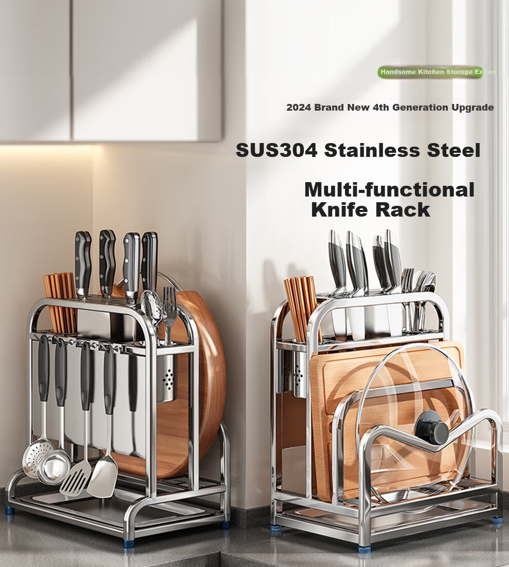 Shuaishi Kitchen Stainless Steel Knife Holder, Utensil Storage Rack, Cutting Board Organizer, Chopstick Cage, And Pot Lid Integrated Storage Rack 1