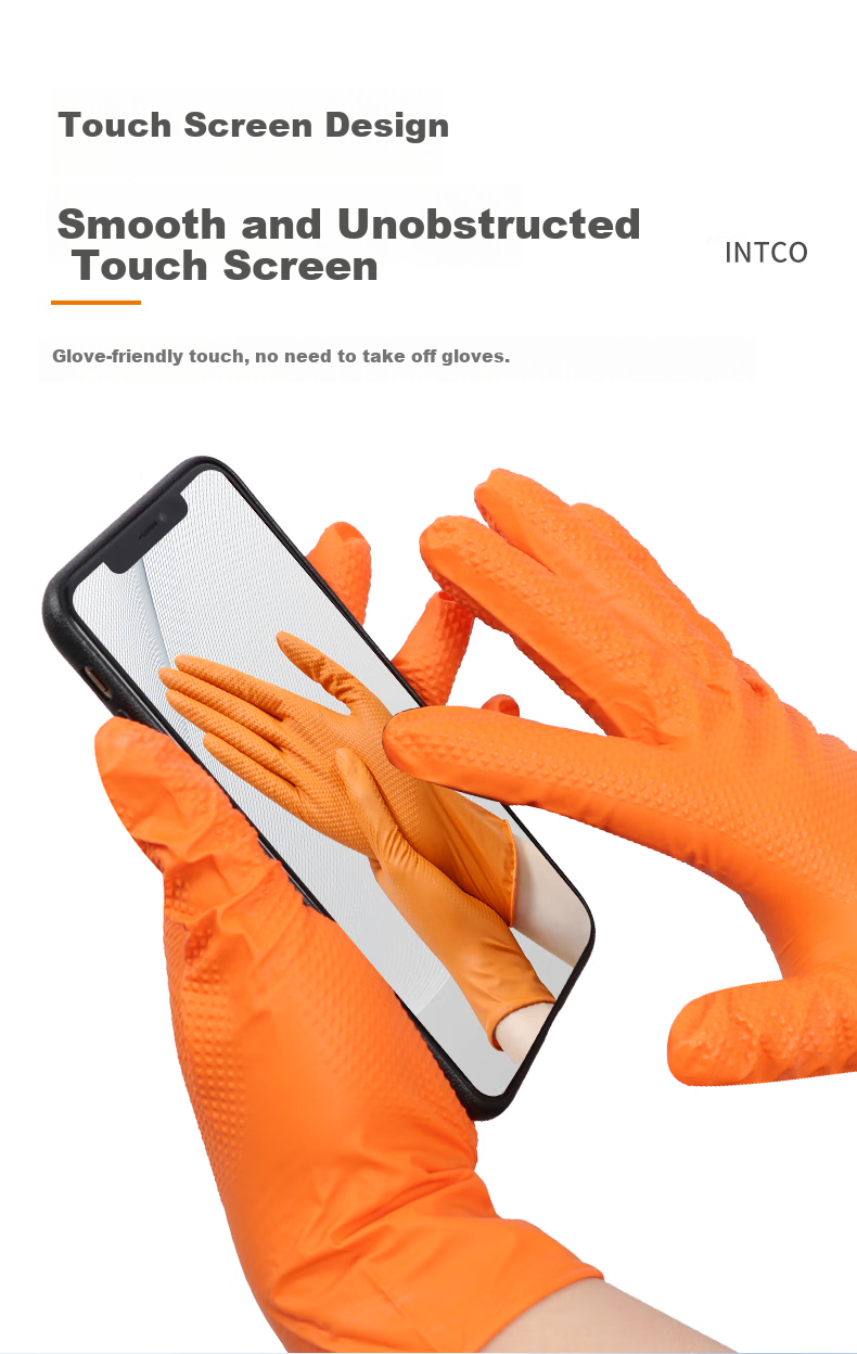 INTCO Diamond Pattern Nitrile Gloves, Extra Thick Durable Work Gloves, Orange, 30 Pieces/box, Size L 8
