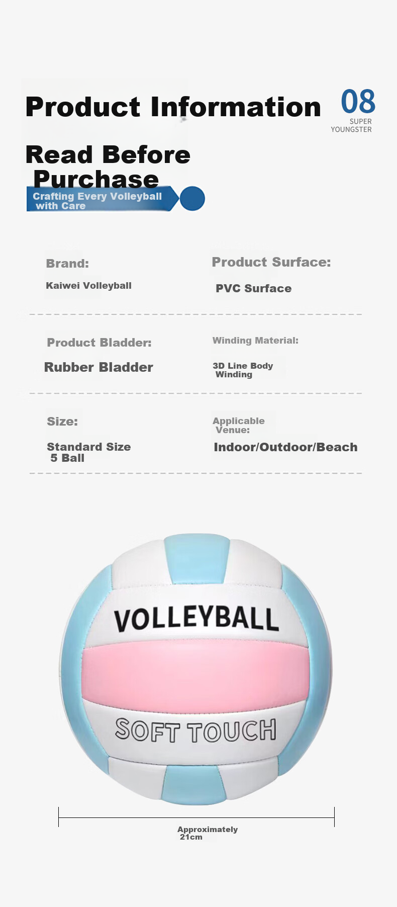 CAMEWIN Volleyball Size 5 Ball for Middle School Entrance Exam Training, Boys And Girls, Junior High School, Pink White Blue Machine-Stitched Hard Volleyball Standard Size 5 Soft Volleyball 9