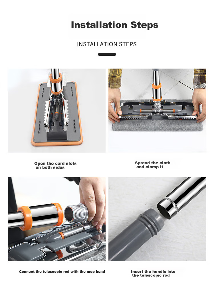 TOMMY DUCK Flat Mop with Stainless Steel Handle, Household Mop with Cloth Clamp, All-In Cleaning Tool 13