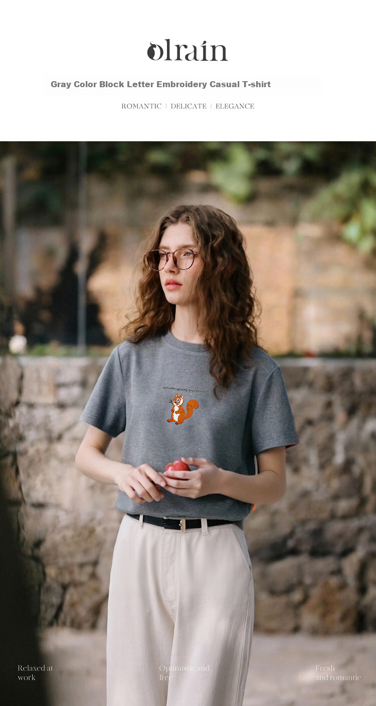 Olrain Colorblock Letter Embroidered Casual T-Shirt Summer Women's Short Sleeve Top Gray (New Batch) M 1