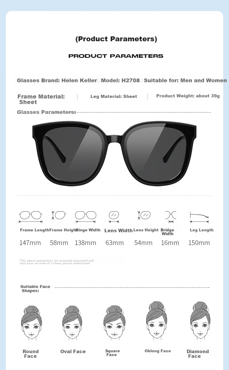 HELEN KELLER Sunglasses for Women And Men, Square Black Ultra-Deep Tinted Polarized Sunglasses, Slimming Effect, UV Protection, H2708H01 7