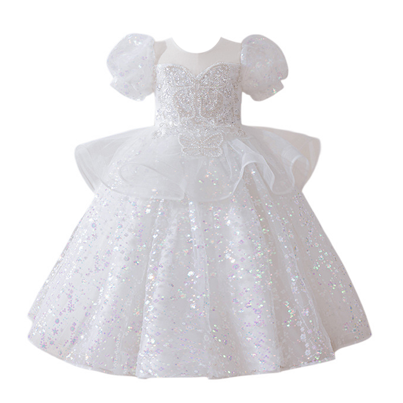 LUOBOBEIBEI Girls' Princess Dress Summer Formal Puffy Skirt Children's White Tulle Dress Stage Performance Costume White 140