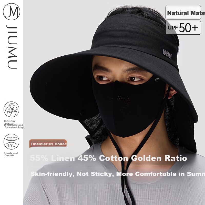 JIUMU Linen Sun Protection Hat, Men's Sun Visor Cap, Sun Hat, Visor Cap, Cooling Hat, Summer Face-Covering Neck Protection UV-Resistant Hat
