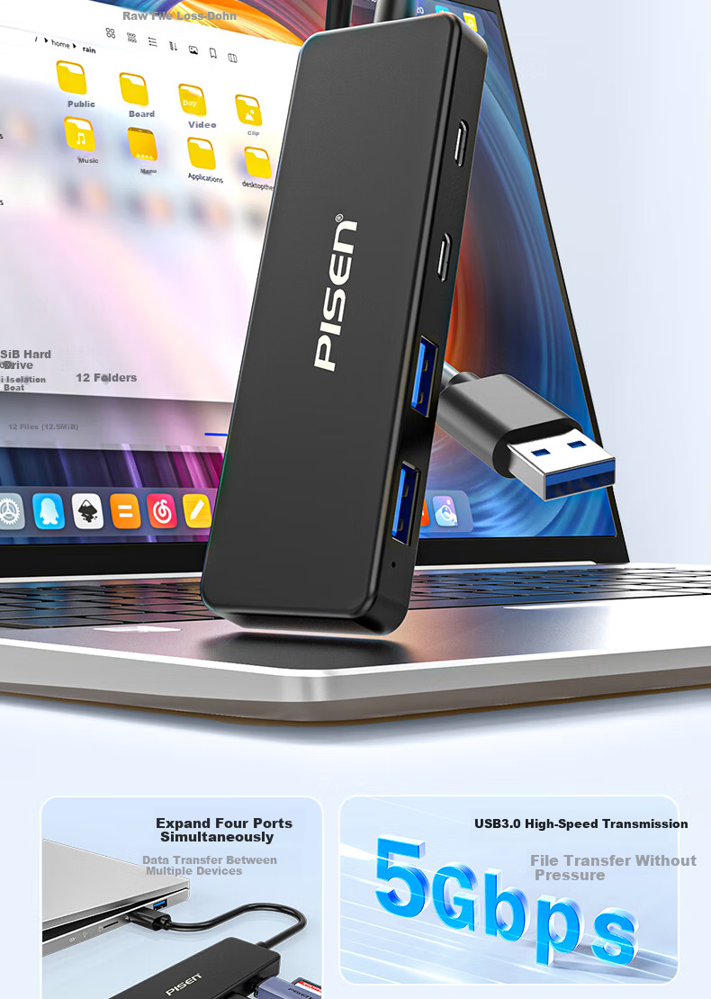 Pisen USB Hub, Multi-Port Adapter, USB 3.0 Splitter, Four-In HUB Concentrator, Laptop External Expansion Dock, USB-C Data Cable, 1 Meter 2