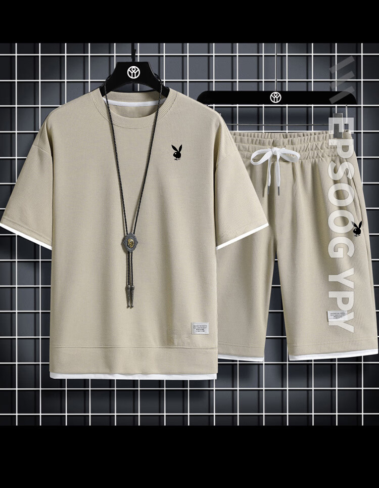 PLAYBOY Father's Day Gift Set Men's Summer Short Sleeve Casual Breathable Outdoor Sports Two-Piece Set with Shorts 2