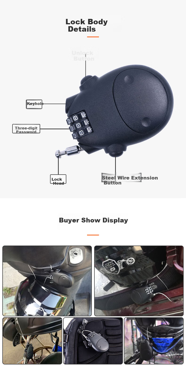IZTOSS Motorcycle Helmet Combination Lock, Mountain Bike Anti-Theft Lock, Portable Extended Steel Wire Lock, Cycling Equipment 6
